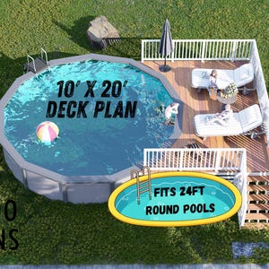 Könnte beinhalten: Eine Draufsicht auf einen Pooldeck-Plan mit einem 3,05 m x 6,1 m großen Pool. Das Deck verfügt über Liegestühle, einen Tisch und einen Sonnenschirm. Der Text lautet: "Passend für 7,3 m runde Pools". Das Bild ist von grünem Gras umgeben.