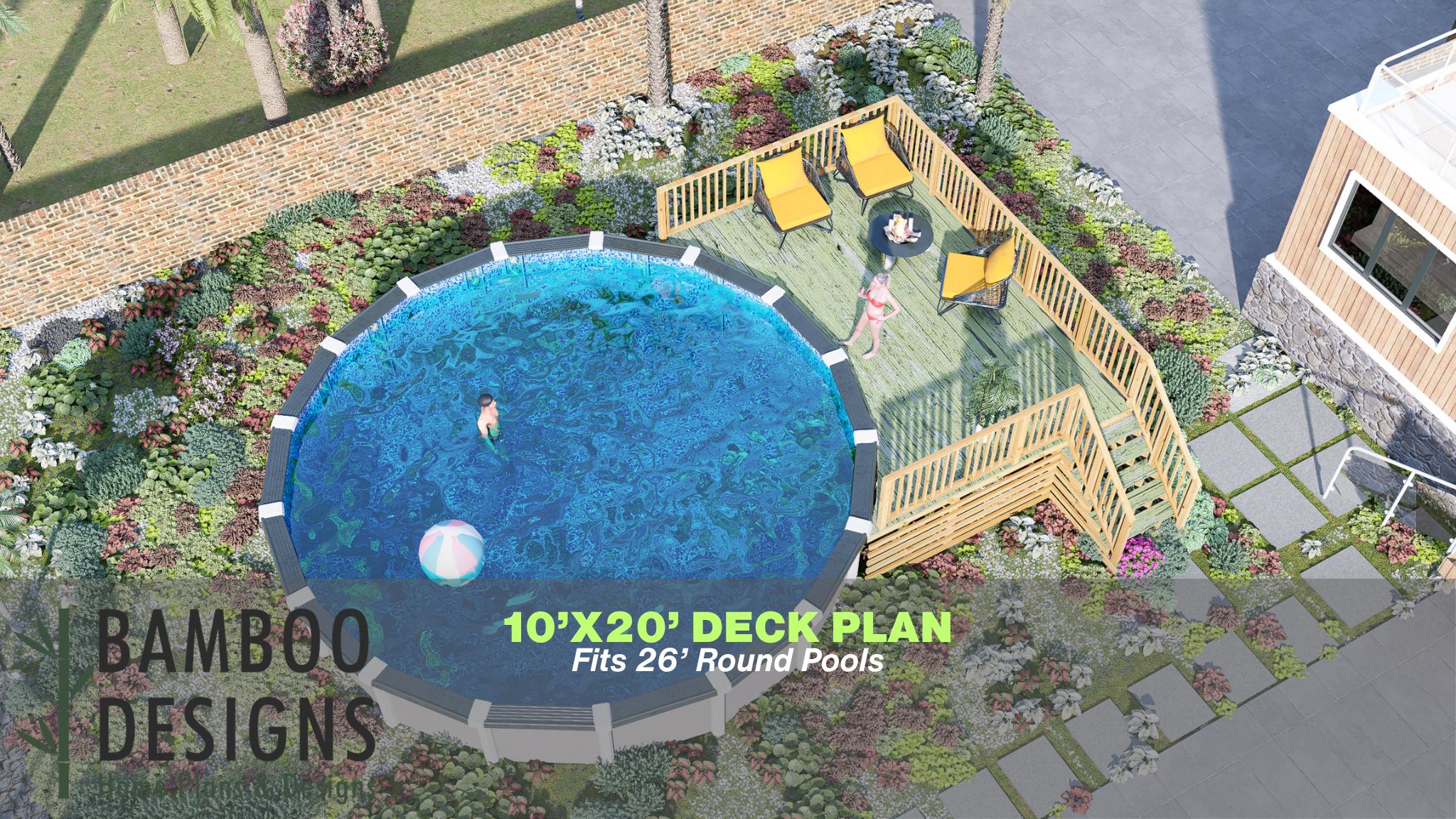 Image of Weasley Pool Deck Plan - 10x20 Above-Ground Pool Deck for 26' Round Pools | DIY PDF Plans with Staircase & Railing Design