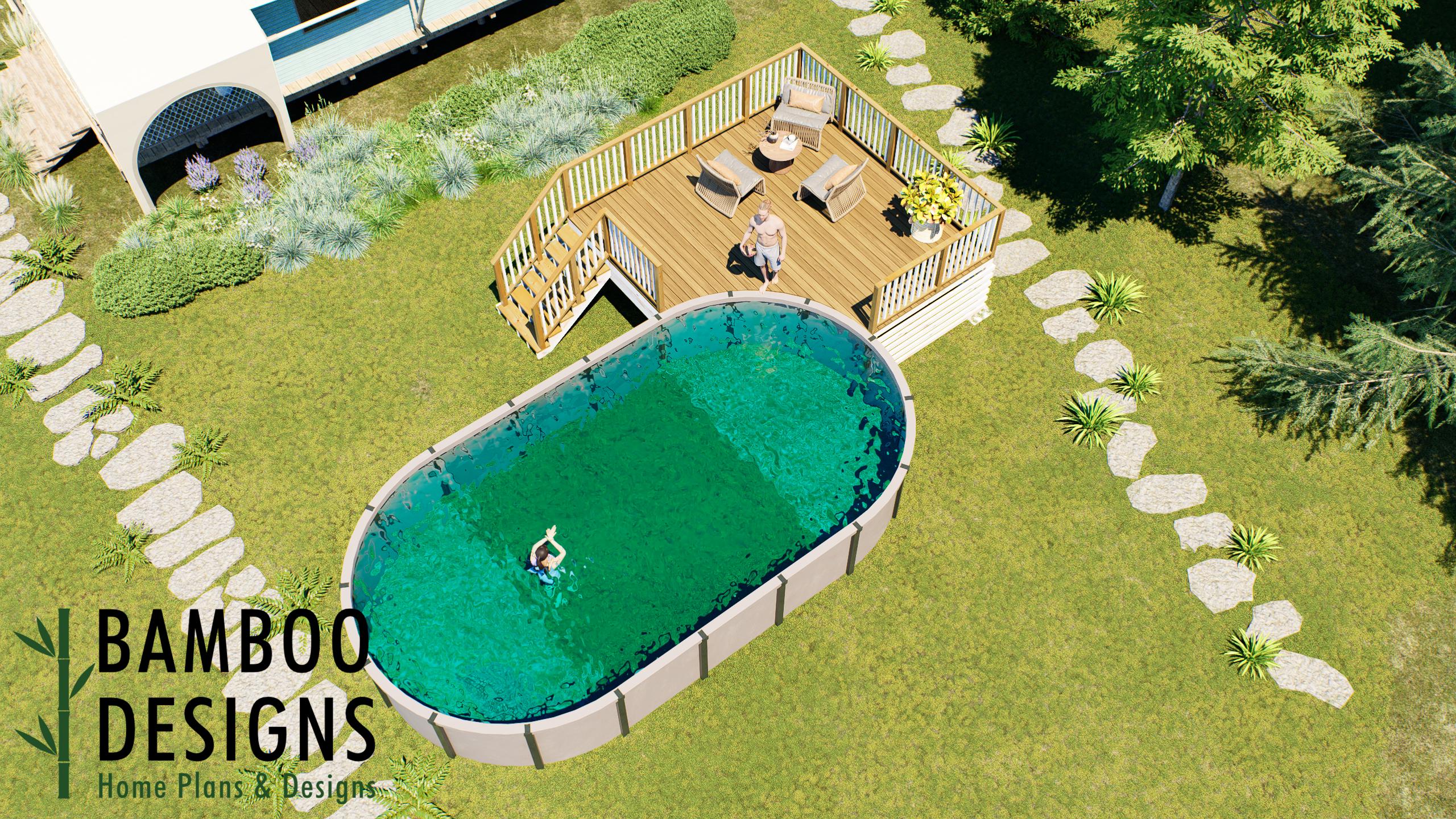 Image of Kindani Pool Deck Plan – 16'x28' Above-Ground Pool Deck with Stair Access for 16'x16' Pools | DIY PDF Plans
