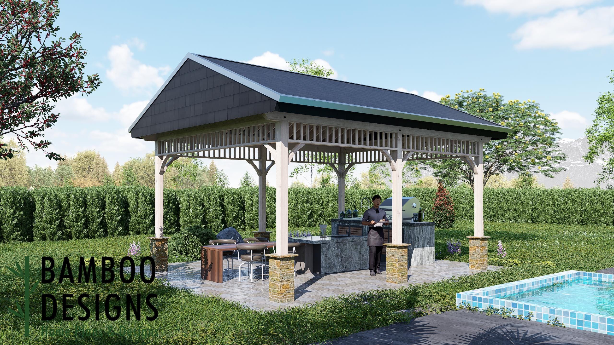 Image of Andorra 16x20 Gazebo Plan - Gable Roof Pavilion | DIY Outdoor Kitchen & Dining Shelter | Backyard Patio Cover PDF