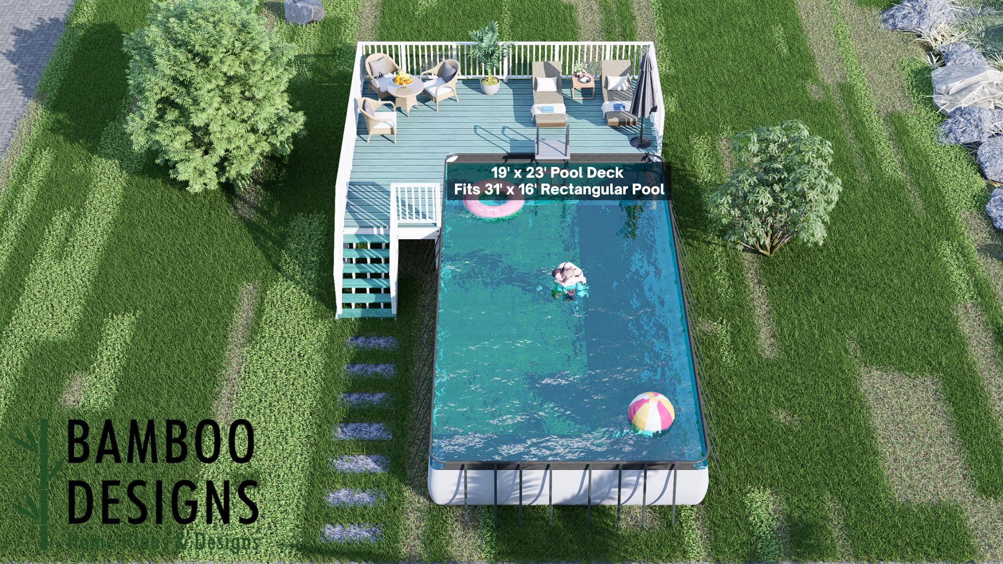 Image of Pine Glen 19x23 Rectangle Pool Deck Plan - Spacious Above-Ground Pool Deck with Lounge & Dining | DIY PDF Plans