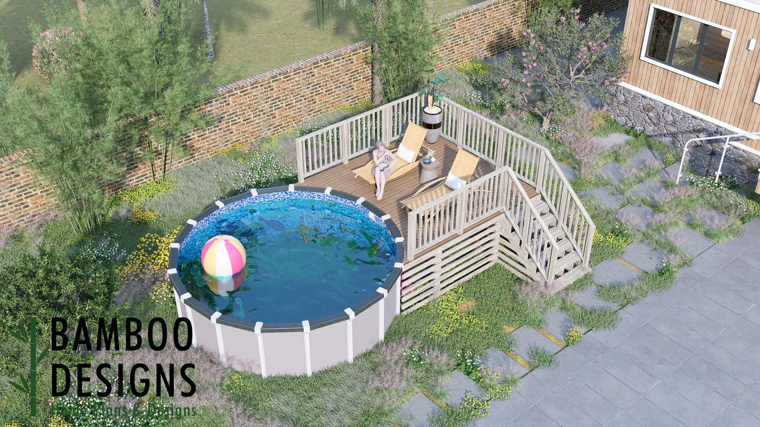 Image of Hula Circle Pool Deck Plan - 10x12 Above-Ground Pool Deck with Staircase | DIY PDF Plans for 14' Round Pools