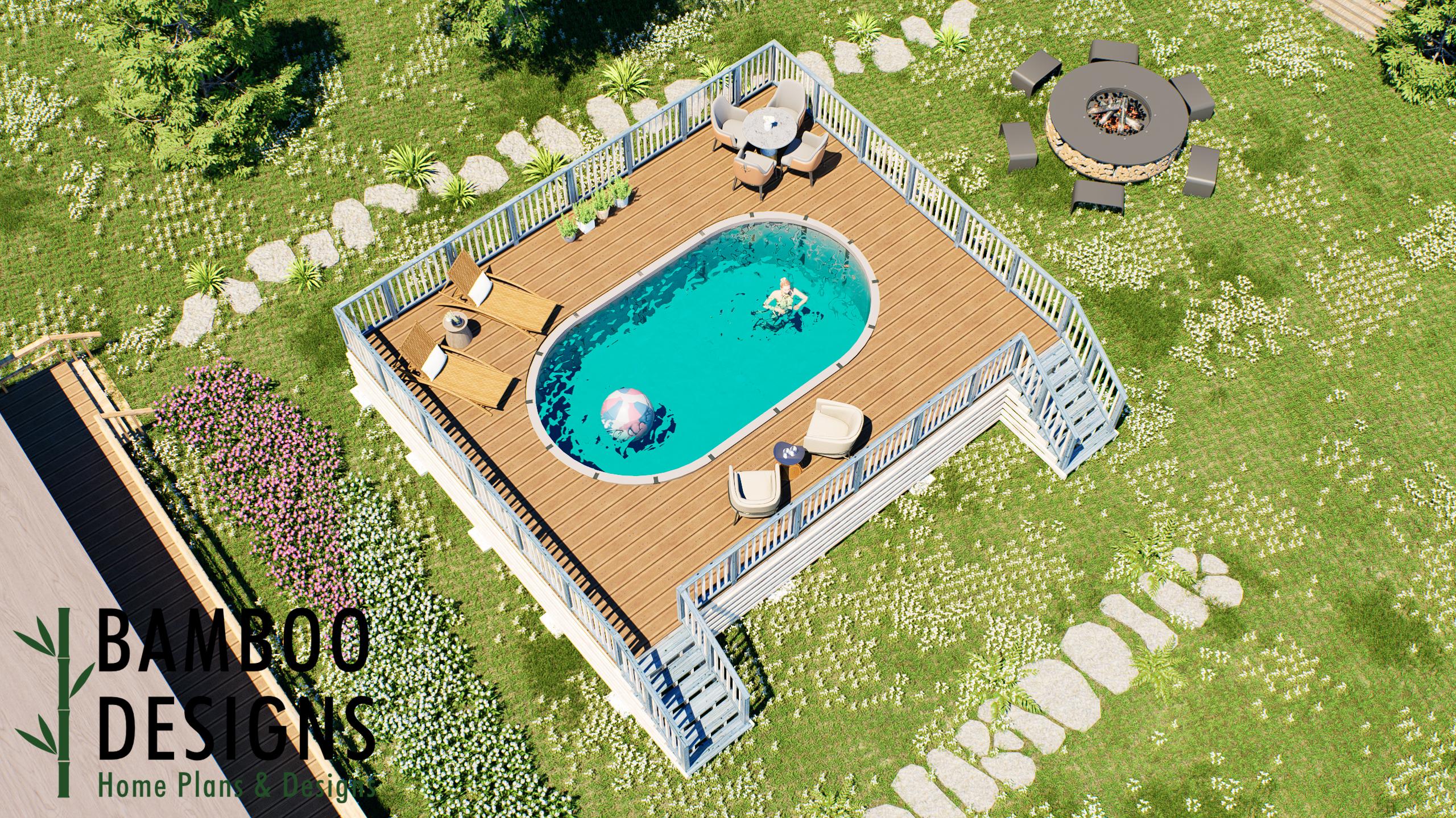 Image of Rossellini Oval Pool Deck Plan - 24'x30' Luxury Above-Ground Pool Deck for 12'x21' Oval Pools with Staircase & Railings | DIY PDF Plans