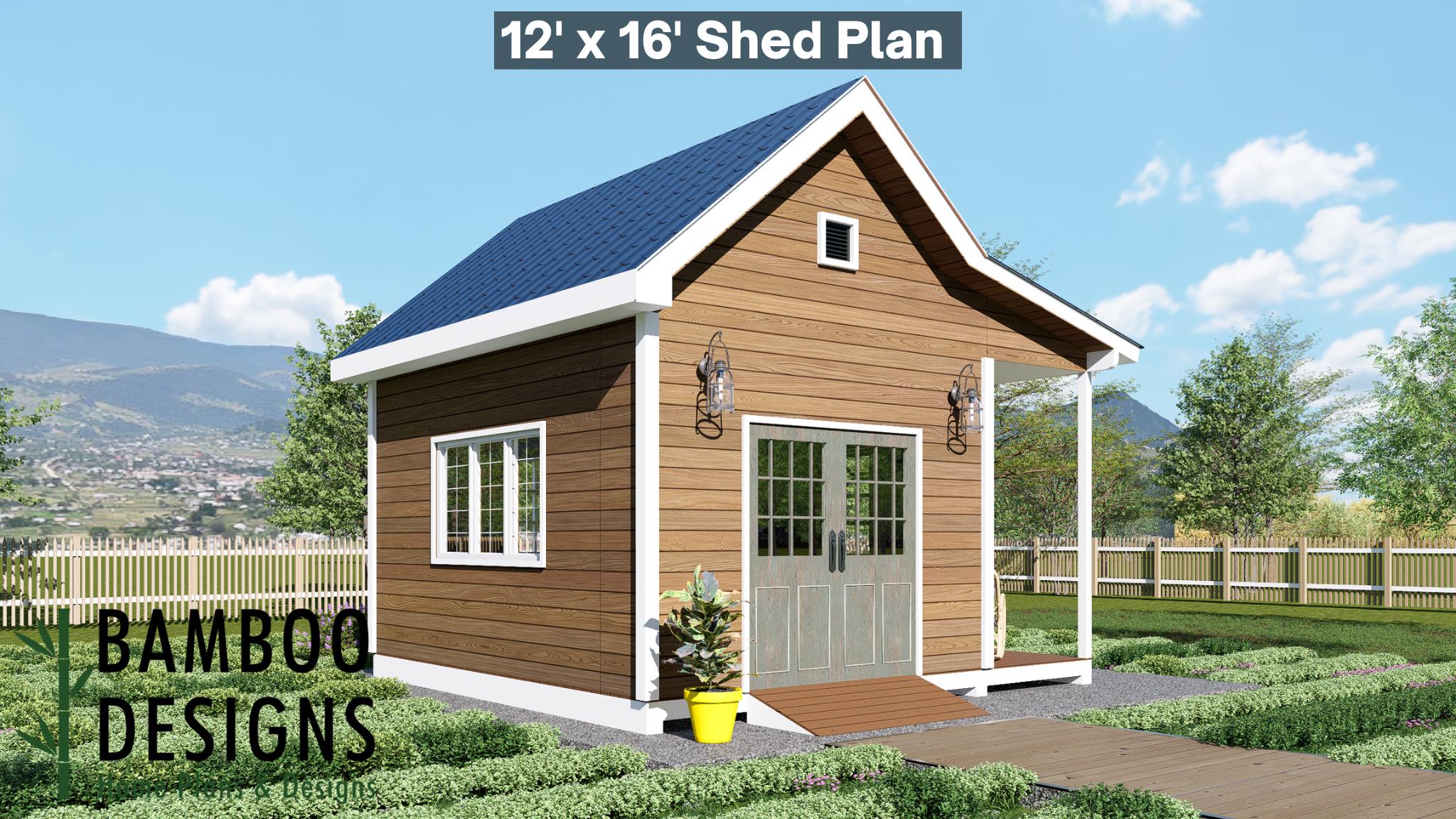 Image of Kabe 12x16 Porch Shed Plan - DIY Gable Roof Studio, Workshop, or Backyard Office with Covered Porch