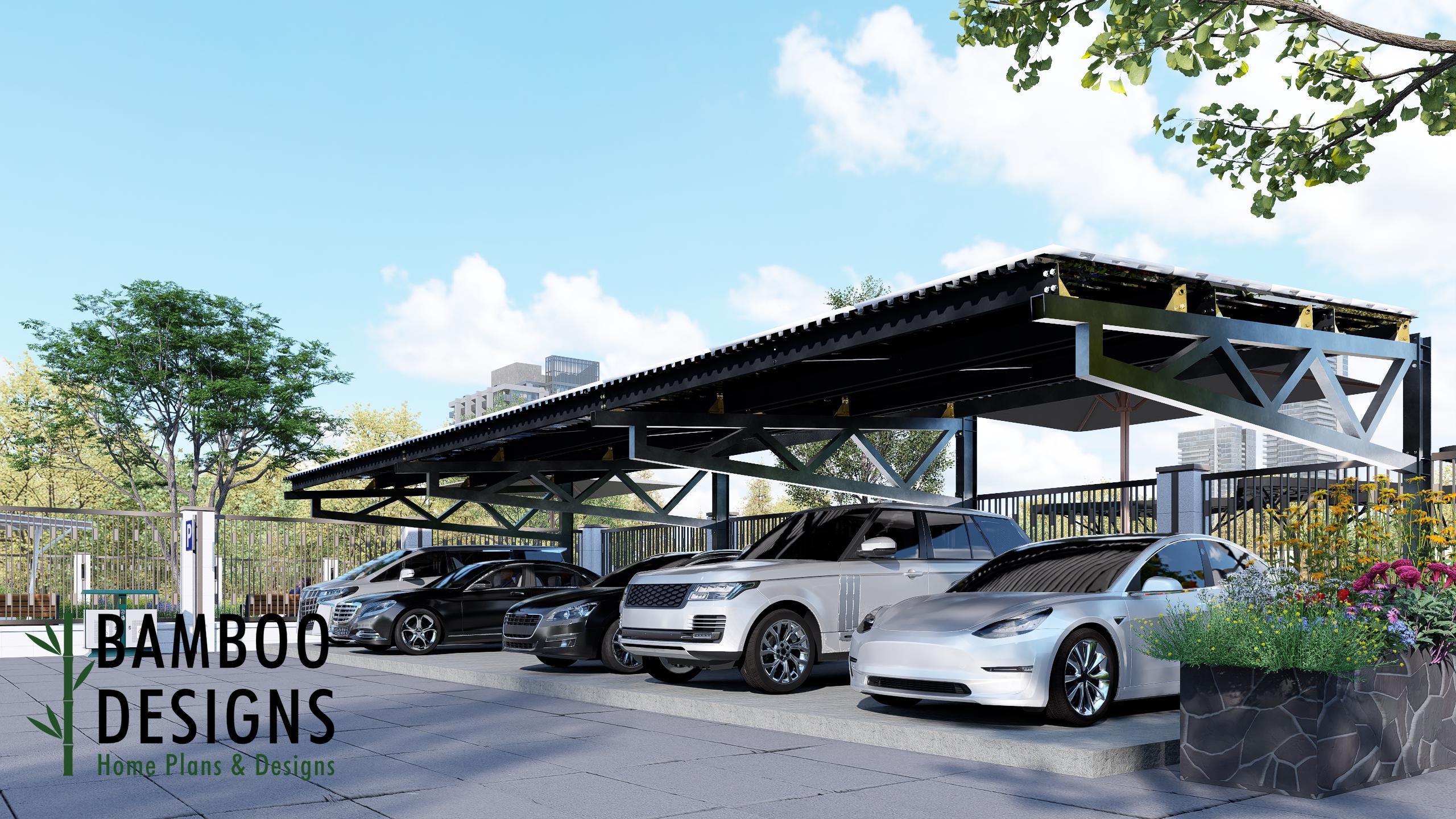 Image of Modular Steel Carport Plans - 18x19 Cantilever Roof - Expandable Parking Shade - Commercial or Residential Use - PDF Download