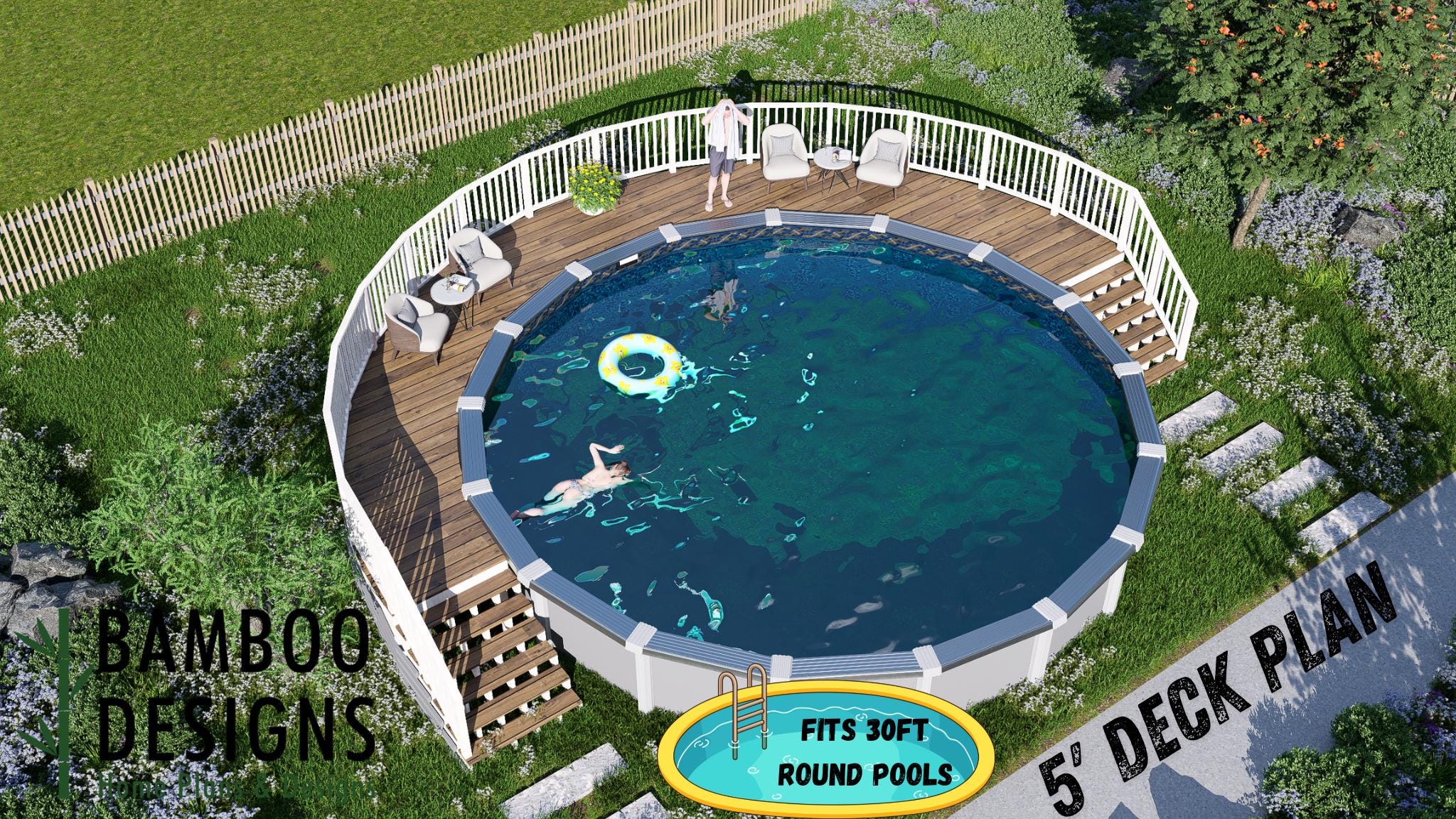 Image of Congo Caye - 30' Round Pool Deck Plan | 5' Wraparound Platform | DIY PDF Plans