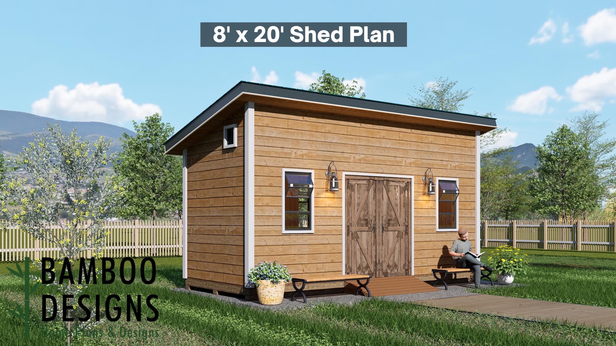 Image of Bacca 8x20 Modern Shed Plan - Sloped Roof Garage or Workshop | DIY Backyard Studio Design (PDF)