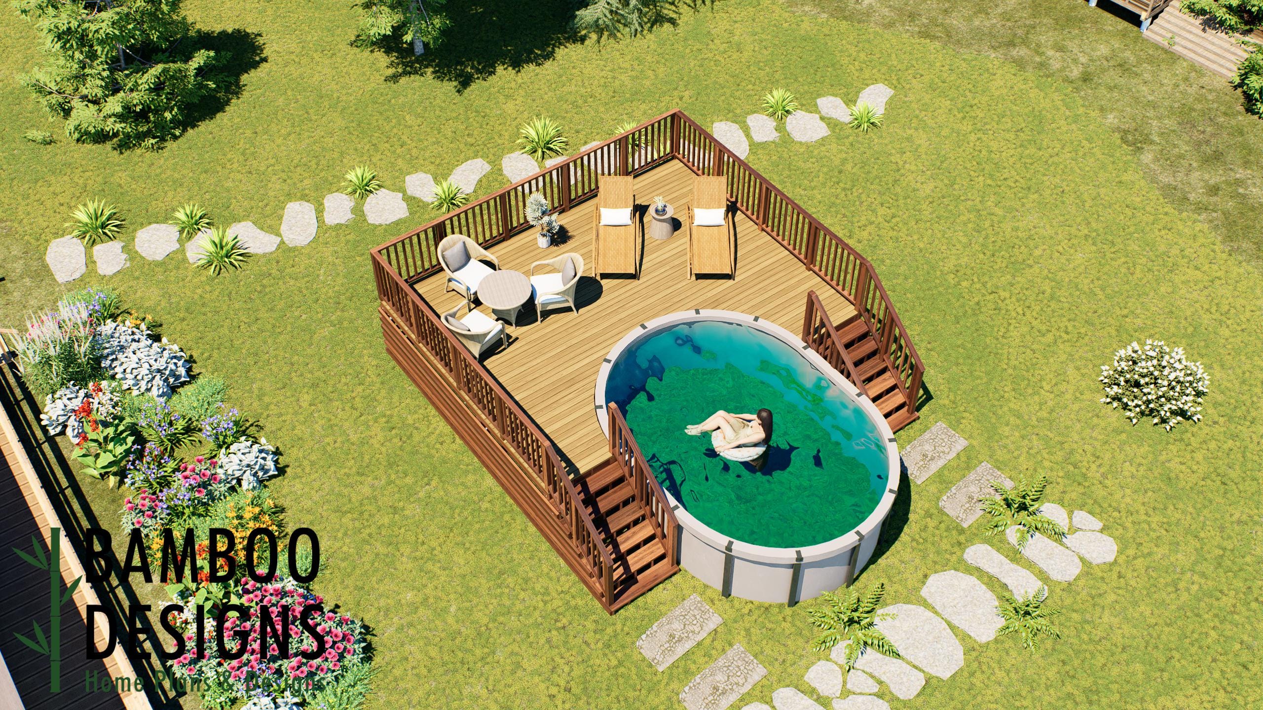 Image of Brady Oval Pool Deck Plan - 16x20 Above-Ground Pool Deck with Staircase & Backyard Entertainment Space | DIY PDF Plans