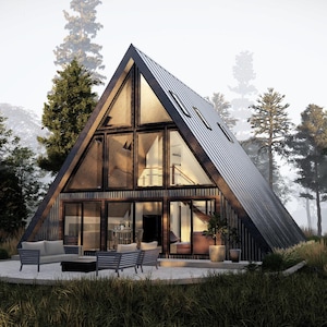 Cedar View: Contemporary A-Frame Cabin House Plan (928 SF) – 2 Bed 2 Bath – Modern Architectural PDF + DWG