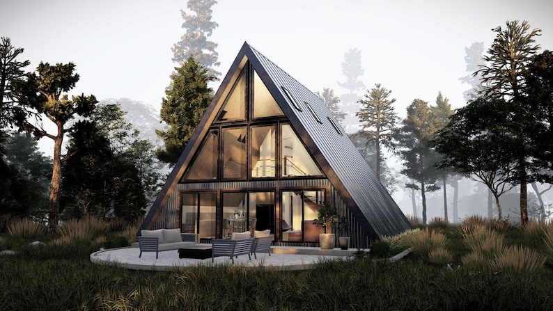 Cedar View: Contemporary A-Frame Cabin House Plan (928 SF) plan by Bamboo Designs
