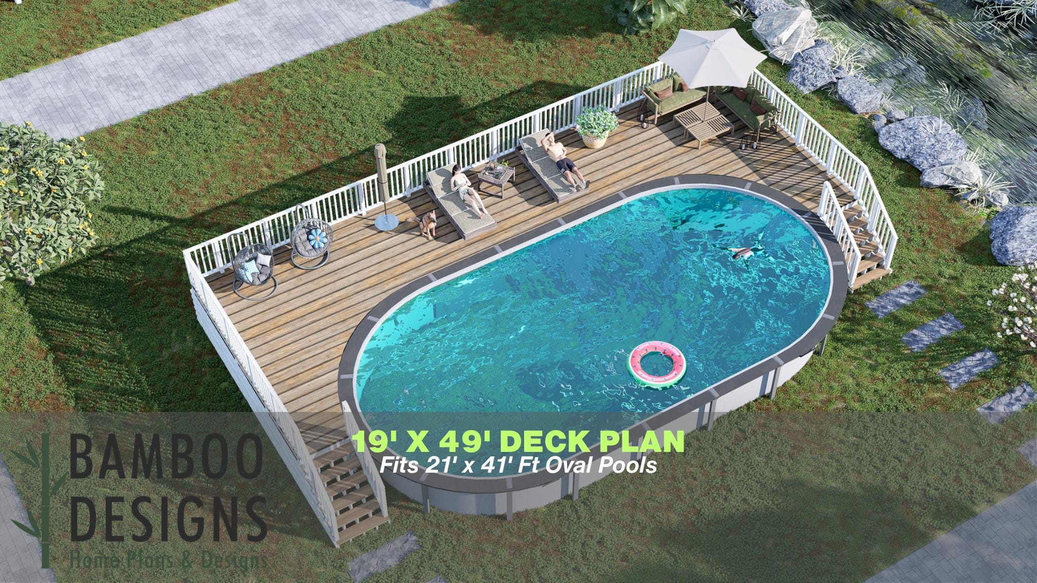 Image of Delano Oval Pool Deck Plan - 19x49 Elevated Deck with Dual 6-Step Staircases | DIY PDF Plans