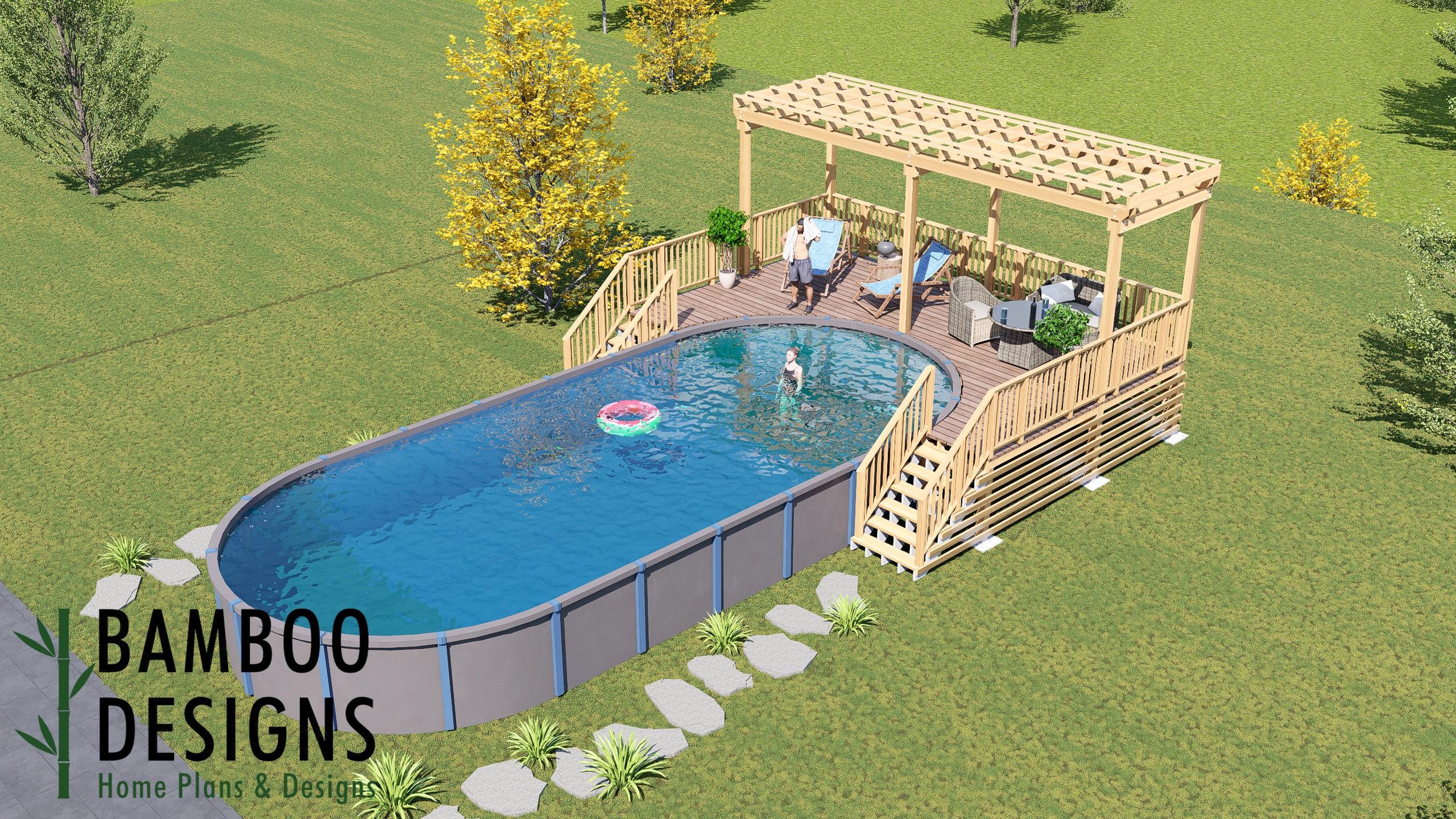 Image of Winchester Oval Pool Deck Plan – 17'x26' Above-Ground Pool Deck for 18'x40' Oval Pools with Staircase | DIY PDF Plans