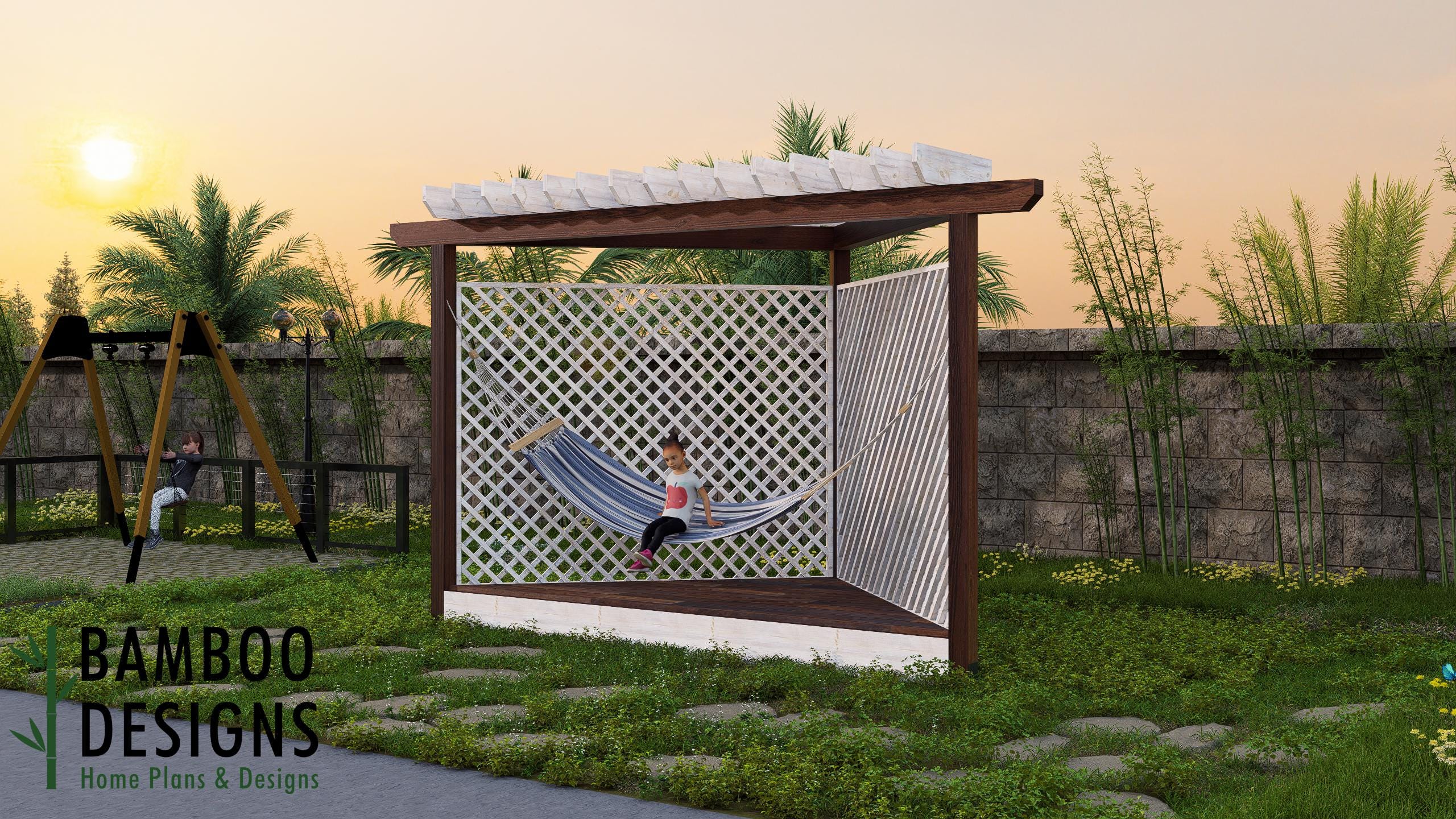 Image of Key West TriLattice Hammock Pergola Plan – 15ft Triangular Pergola with Lattice Walls | DIY Hammock Stand Structure