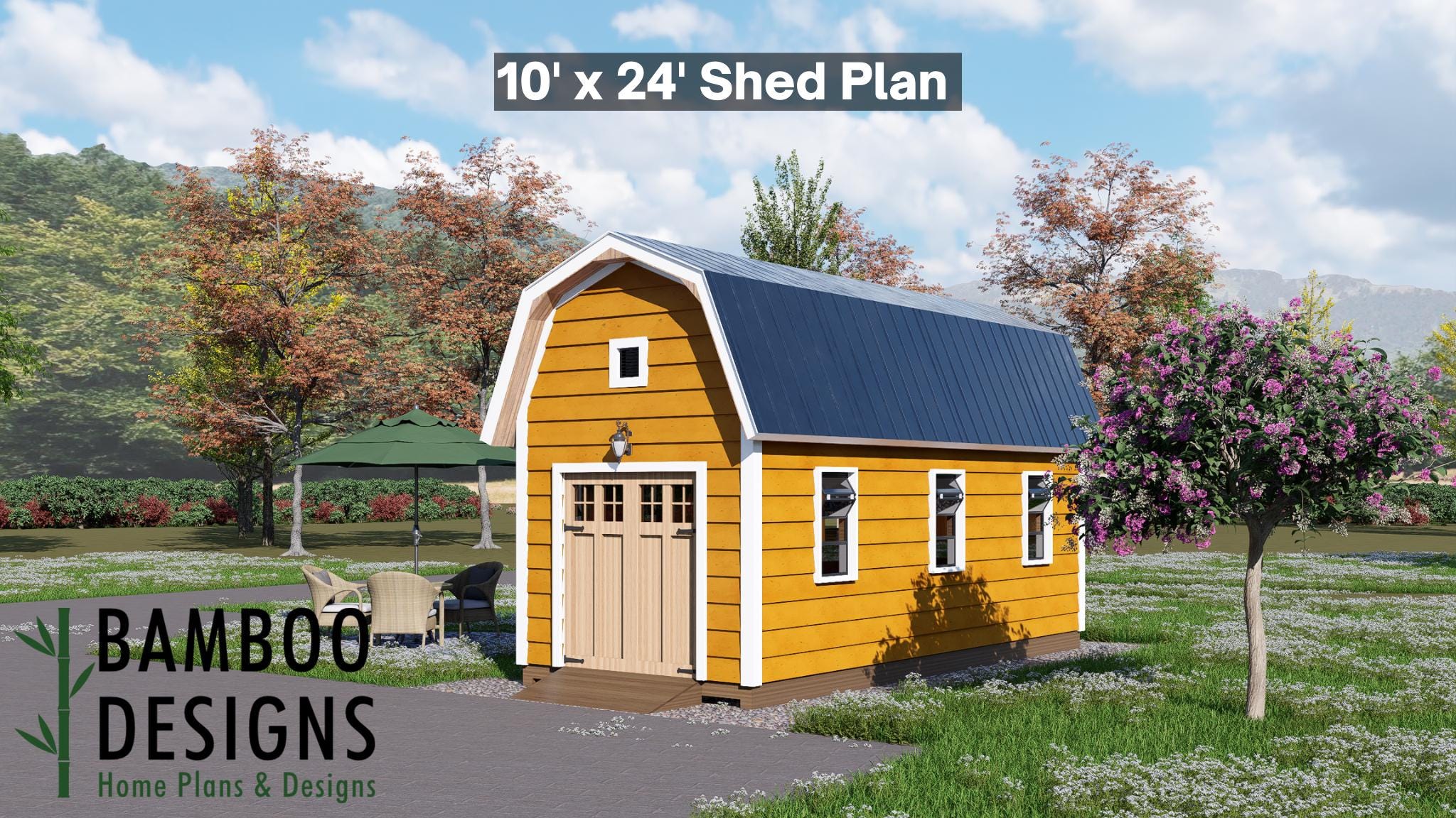 Image of Odette 10x24 Shed Plan - A Barn-Style Storage Shed with Charming Cottage Detail & Expansive Interior Space
