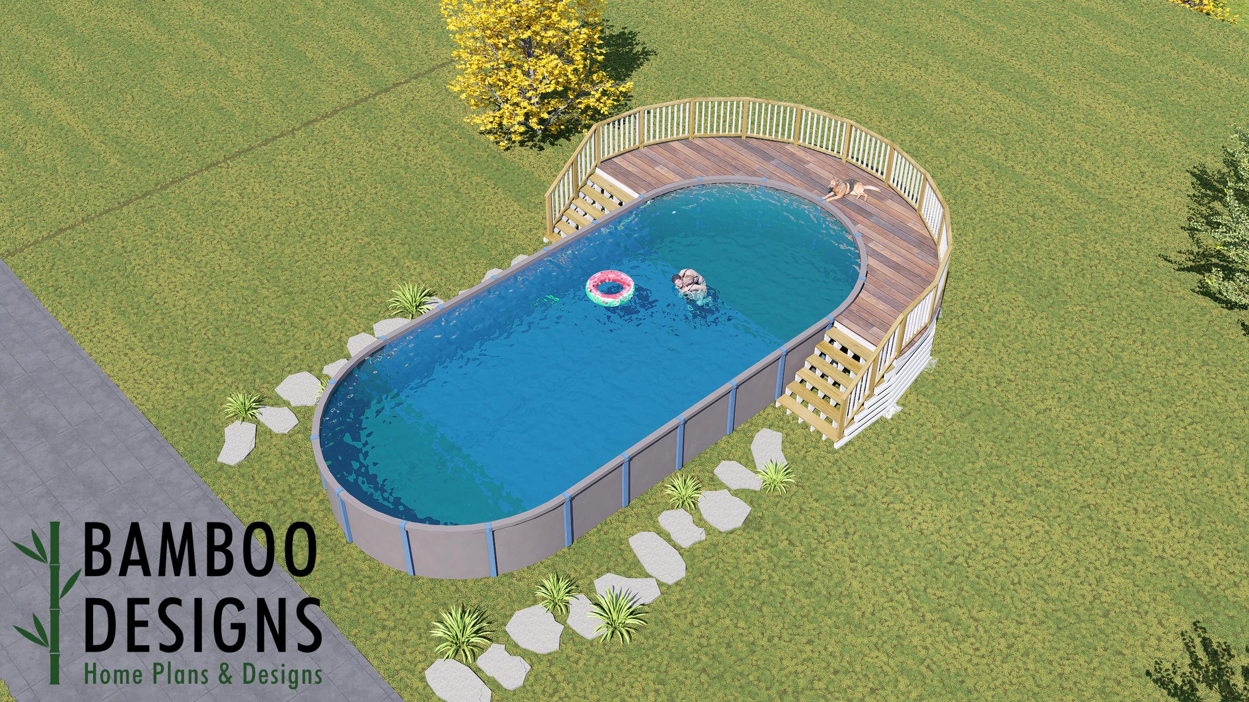 Image of Della Oval Pool Deck Plan – 5' Wraparound Above-Ground Pool Deck with Staircase & Full Poolside Access | DIY PDF Plans