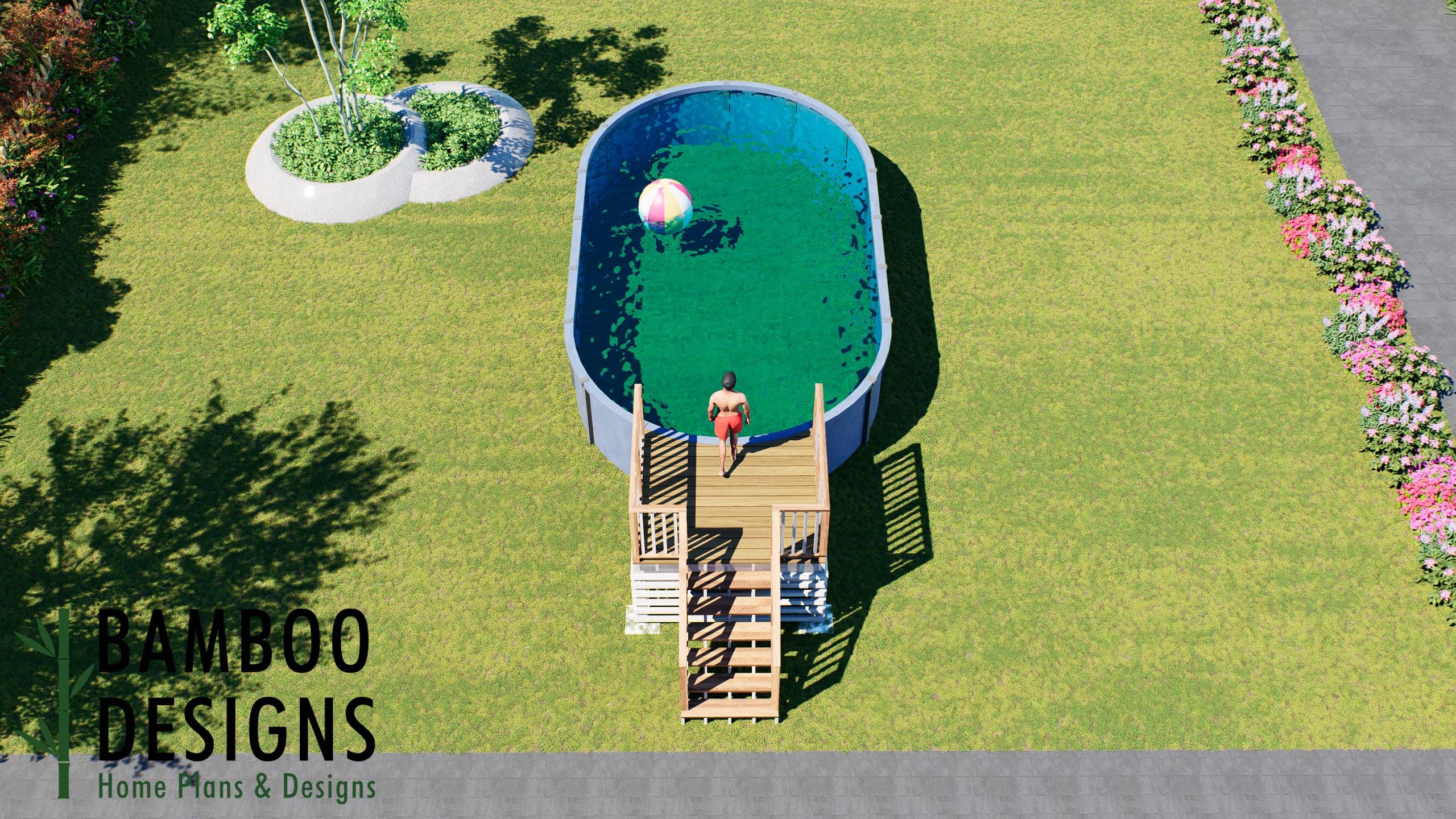Image of Athena Oval Pool Deck Plan - 6x8 Above-Ground Pool Entry Deck with Staircase & Safety Railings | DIY PDF Plans