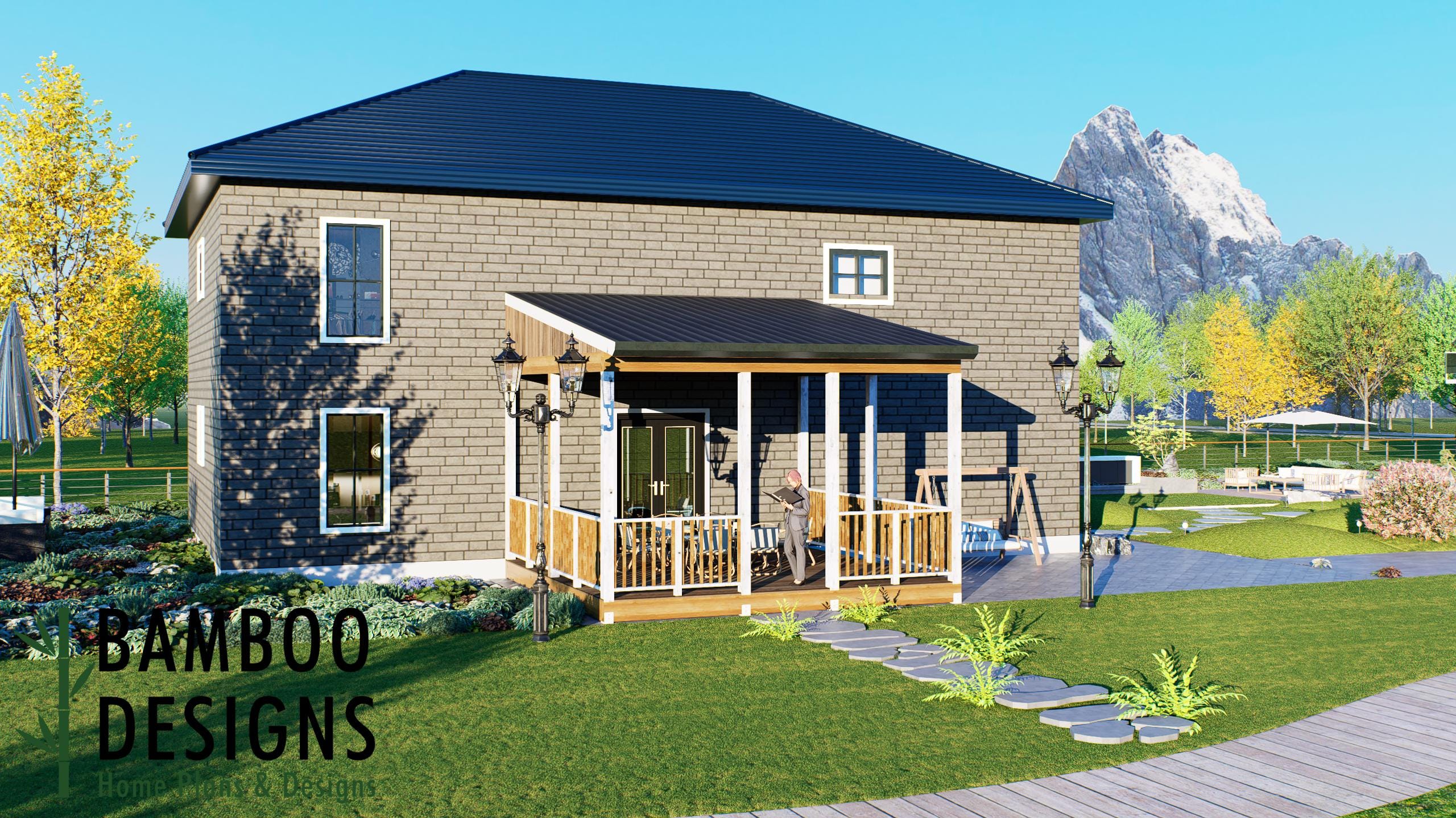 Image of Malone 18x18 Covered Deck Plan – Ground Level Deck with Gable Porch Roof | DIY PDF Plans
