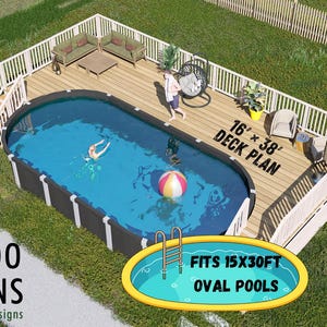 May include: An aerial view of an oval swimming pool with a wooden deck. The deck plan is 4.88m x 11.58m. The pool has a ladder and a beach ball. The image text says "Fits 15x30ft Oval Pools" and "Bamboo Designs".