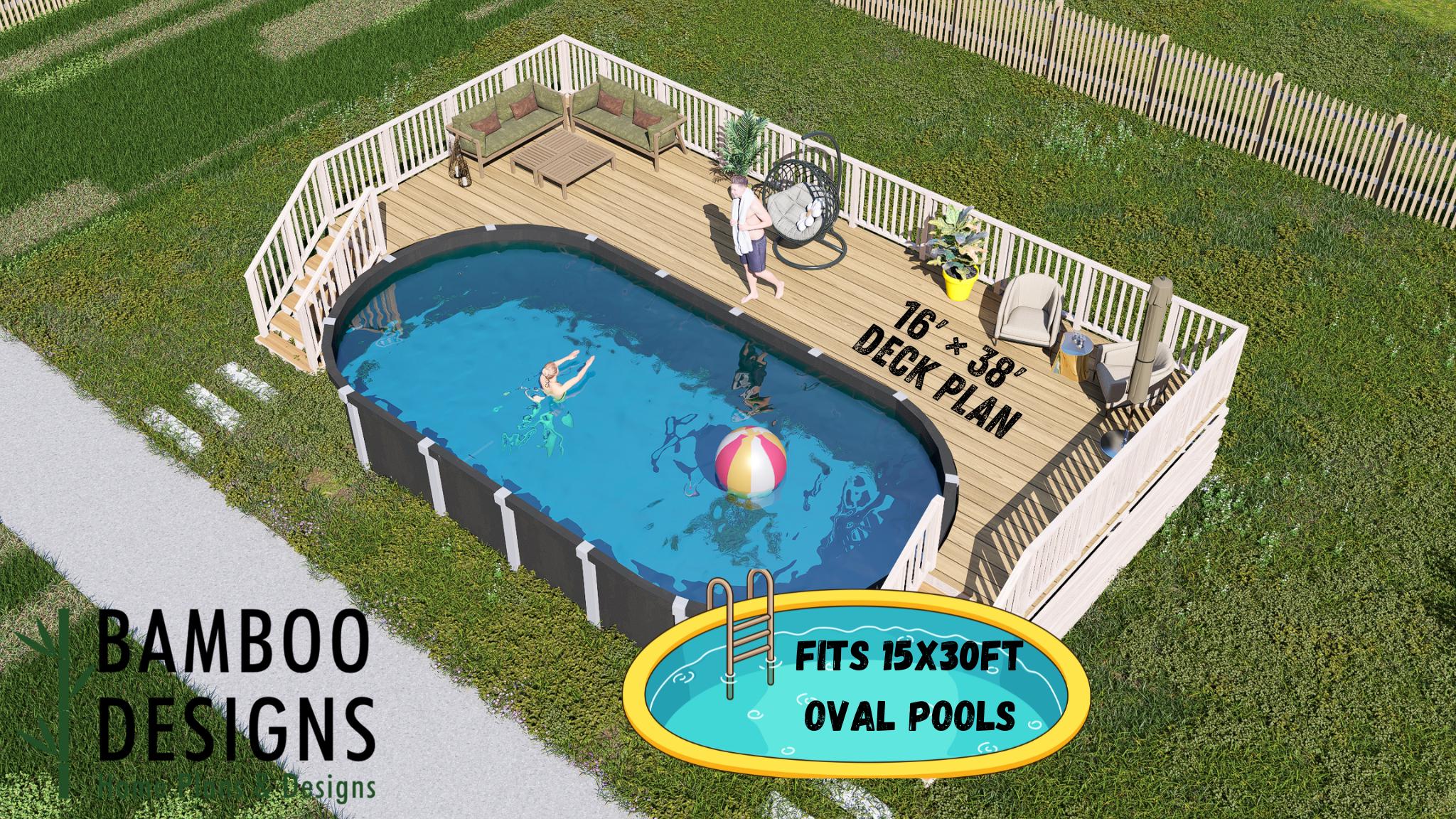 Image of Chesnut Oval Pool Deck Plan – 15x30 Pool | 16x38 Slim Profile Deck Layout | DIY PDF Plans