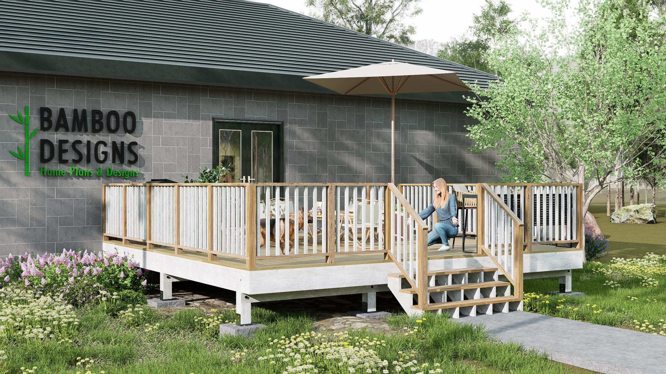 Image of Aspen Grand Entry Deck - 20x20 Freestanding Porch Plan | DIY Modular & Mobile Home Deck with Stairs & Railing