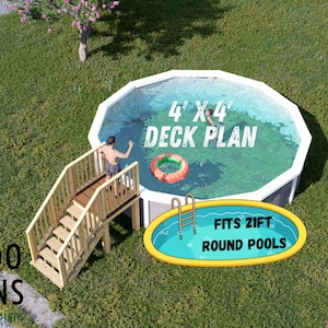 Könnte beinhalten: Draufsicht auf einen Gartenpool mit Holzdeck und Treppe. Der Pool hat den Text "4' x 4' DECK PLAN" auf der Oberfläche. Eine ovale Grafik zeigt "FITS 21FT ROUND POOLS".