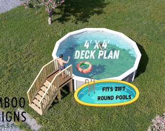 Plano de terraza para piscina circular Shady Shores: terraza de acceso compacta para piscina elevada de 4x4 con escalera de 5 peldaños / Planos en PDF para bricolaje