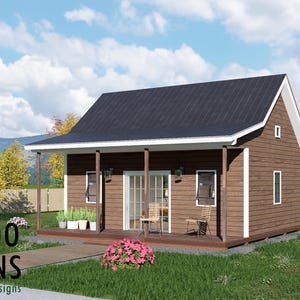 May include: A digital rendering of a small, brown cabin with a dark roof, porch, and glass doors. The cabin is surrounded by a green lawn, trees, and a white picket fence. The text "BAMBOO DESIGNS Home Plans & Designs" is visible.