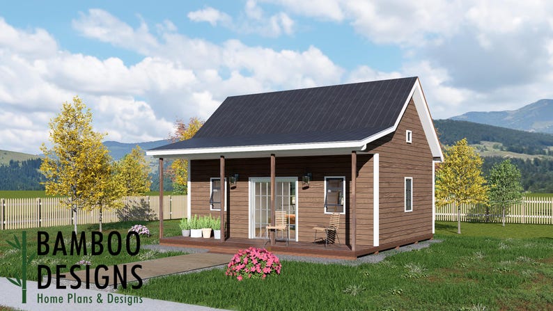May include: A digital rendering of a small, brown cabin with a dark roof, porch, and glass doors. The cabin is surrounded by a green lawn, trees, and a white picket fence. The text "BAMBOO DESIGNS Home Plans & Designs" is visible.