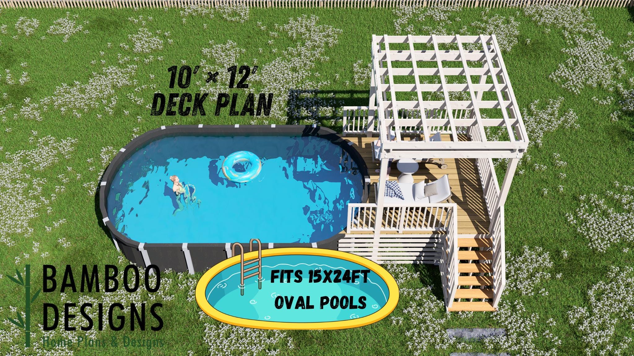 Image of Bergil Oval Pool Deck Plan - 10x12 Deck with Pergola for 15x24 Above-Ground Pools