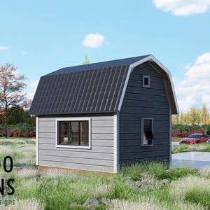 May include: A small, grey and dark blue barn-style building with a black roof. The building has two windows and a small door. The text "BAMBOO DESIGNS Home Plans & Designs" is visible in the lower left corner.