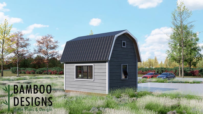 May include: A small, grey and dark blue barn-style building with a black roof. The building has two windows and a small door. The text "BAMBOO DESIGNS Home Plans & Designs" is visible in the lower left corner.