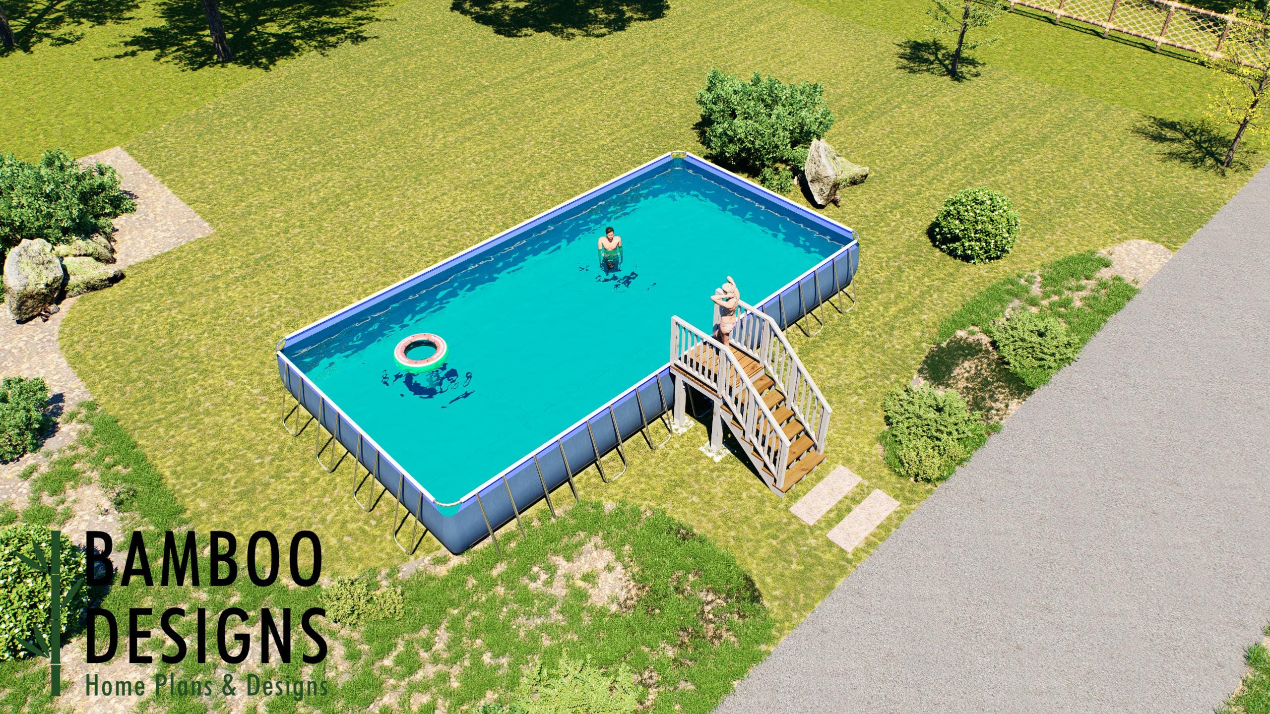 Image of Overlook 4x4 Pool Deck Plan — DIY Entry Deck for 36' x 18' x 52" Rectangular Above Ground Pool | DIY PDF Plans