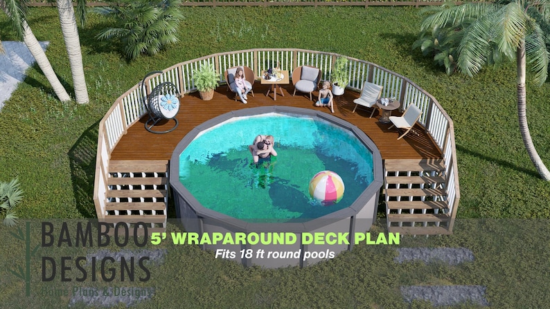 Blue Sky -5ft Wraparound Above-Ground Pool Entry Deck plan by Bamboo Designs
