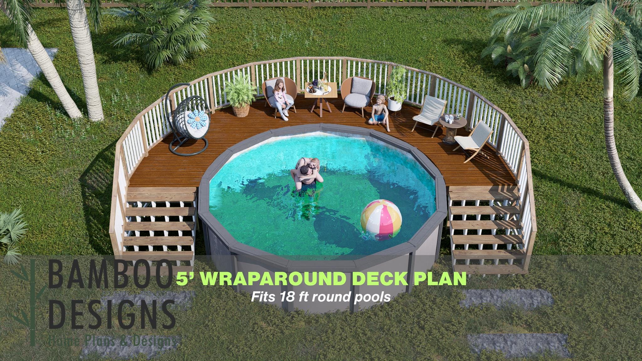 Image of Blue Sky -5ft Wraparound Above-Ground Pool Entry Deck | DIY PDF Plans
