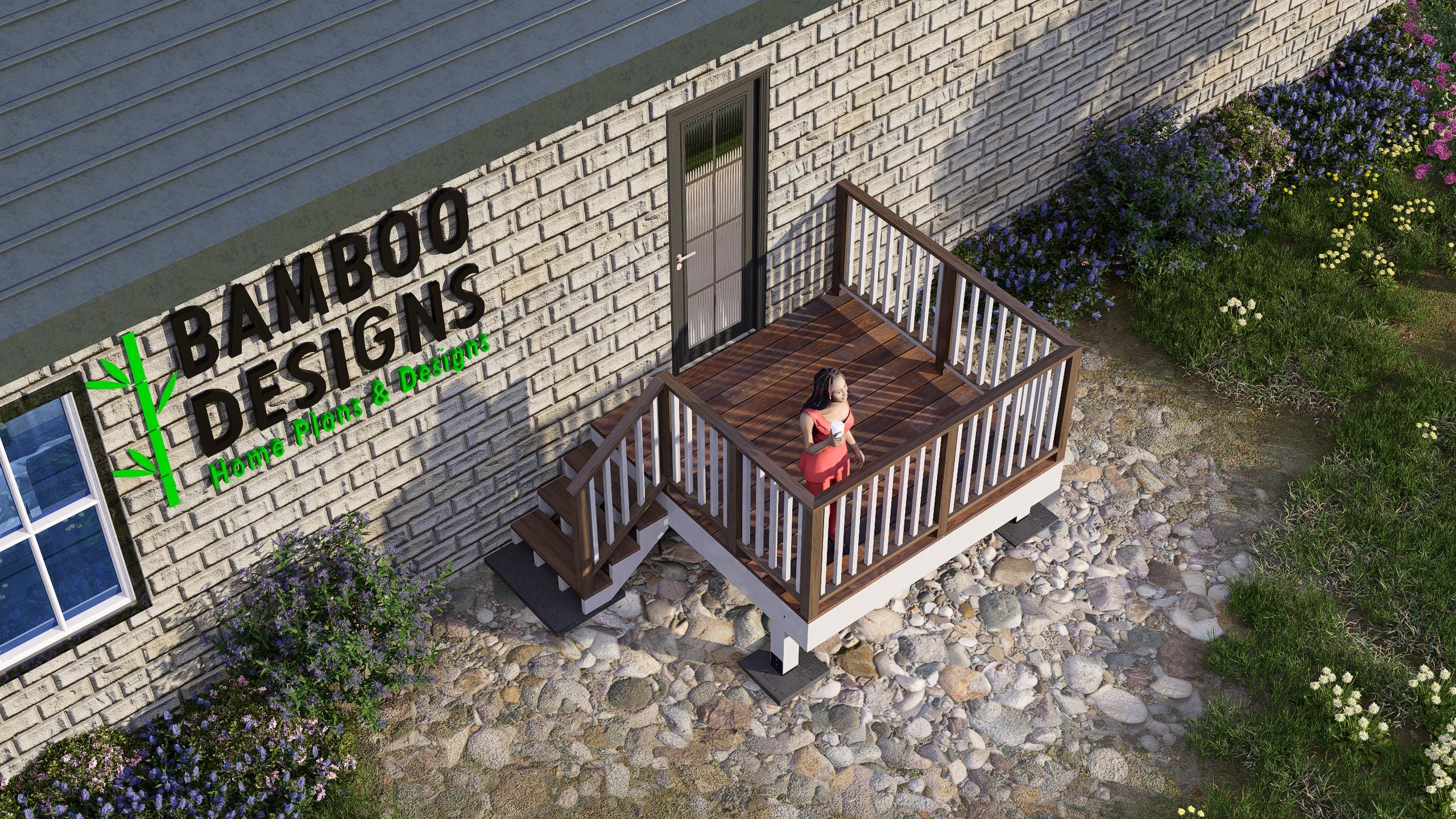 Image of Ocala Entry Deck - 8x8 Freestanding Porch Plan | DIY Modular Home Deck with Stairs & Railing