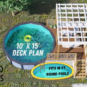 May include: An aerial view of a deck plan for a pool. The pool is 3.05m x 4.57m and the deck fits 5.49m round pools. The deck has a white pergola and wooden stairs. The image also includes the text "Bamboo Designs".