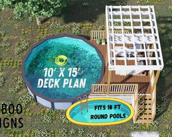 Dunedin pour terrasse de piscine 10 x 15 x 15 cm avec pergola – terrasse surélevée pour piscine hors sol + ombrière | Plans de bricolage PDF + DWG