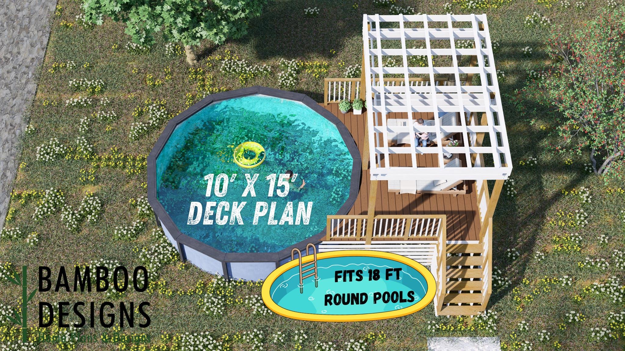 Image of Dunedin 10x15 Pool Deck Plan with Pergola - Elevated Above-Ground Pool Deck + Shade Structure | PDF + DWG DIY Plans