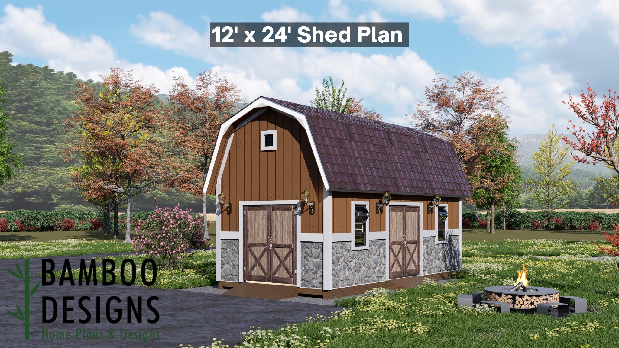 Image of Unity 12x24 Gambrel Roof Shed Plan - Classic Barn-Style Storage & Workshop