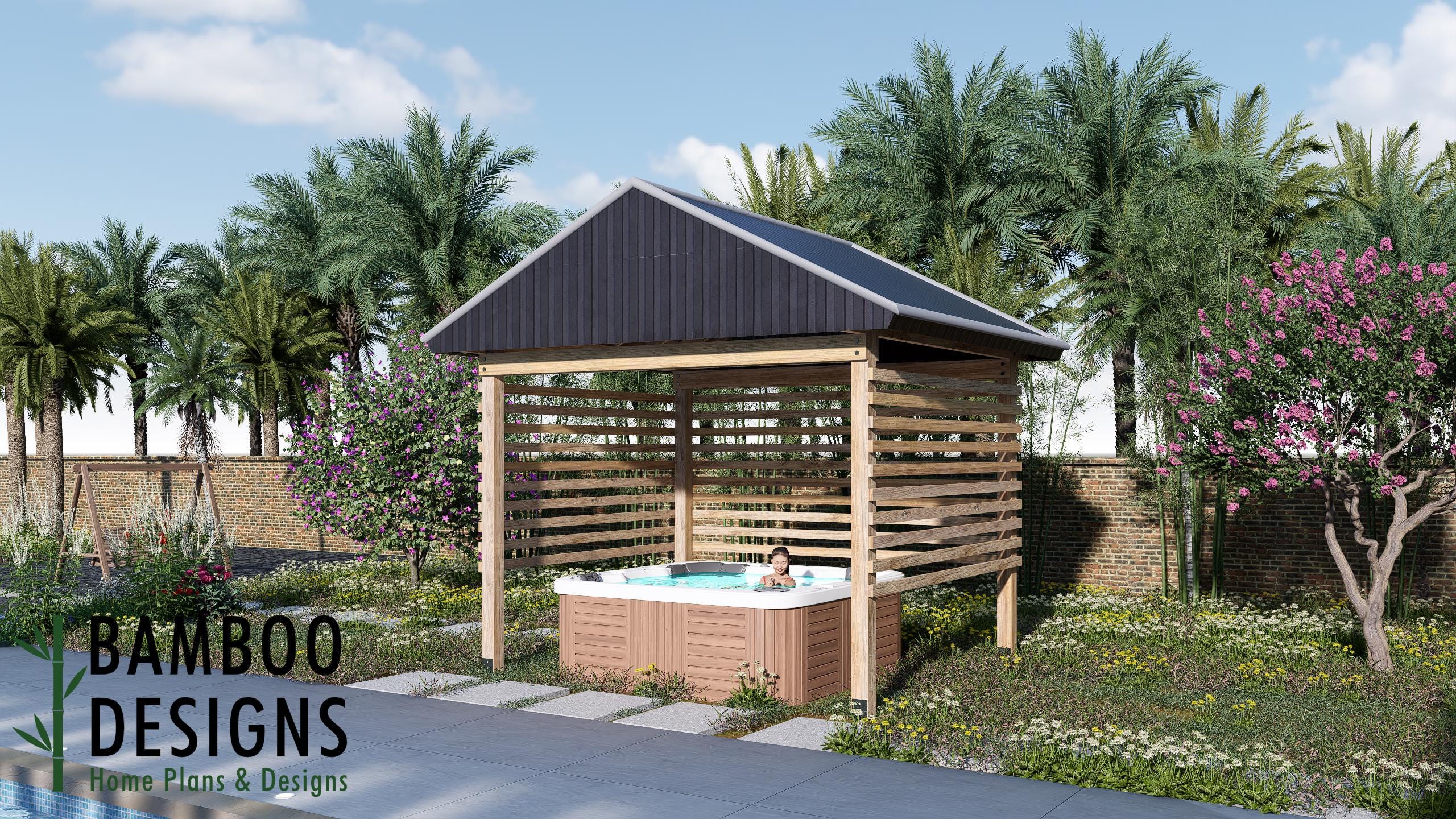 Image of Mirage Spa Pergola Plan - 12x10 Jacuzzi Cover with Side Lattice | DIY Hot Tub Pavilion PDF + DWG | Gable Roof Pergola