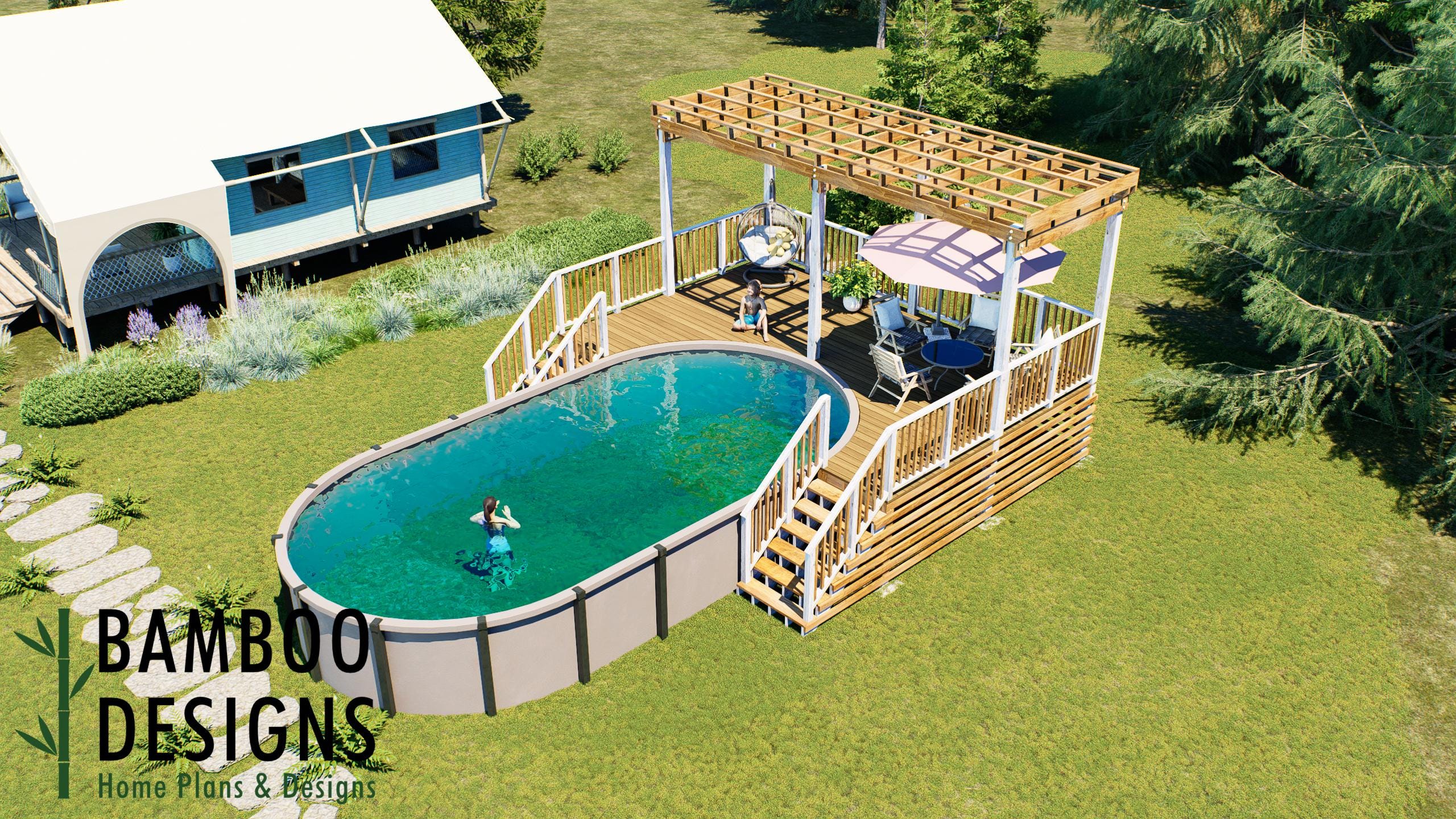 Image of Shakir Oval Pool Deck Plan - 16'x24' Above-Ground Pool Deck with Stair Access for 16'x28' Oval Pools | DIY PDF Plans