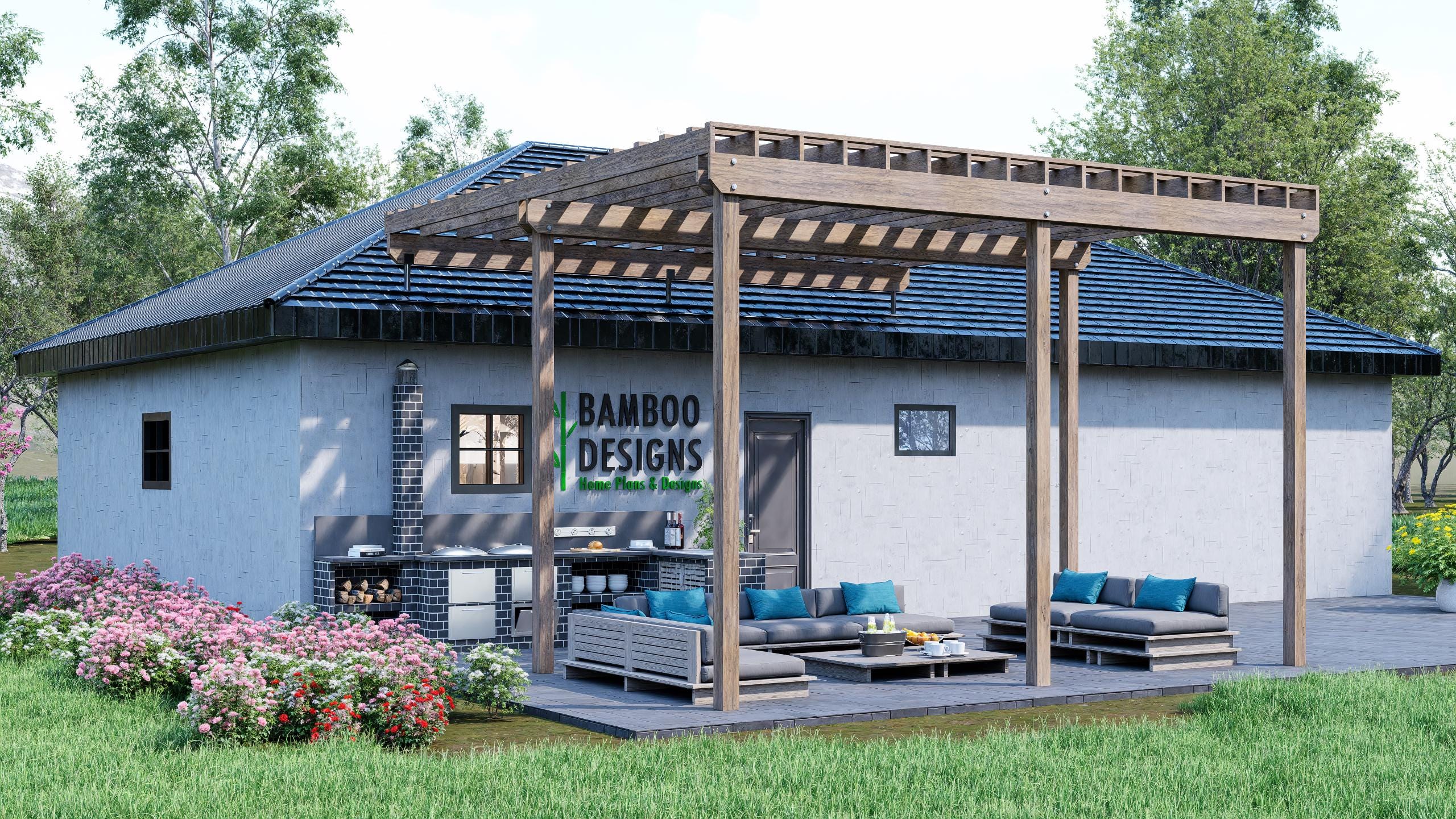 Image of Knoxville 20x20 Roof-Mounted Pergola Plan - Modern Patio Shade Cover PDF - Southern DIY Blueprint for Overhang