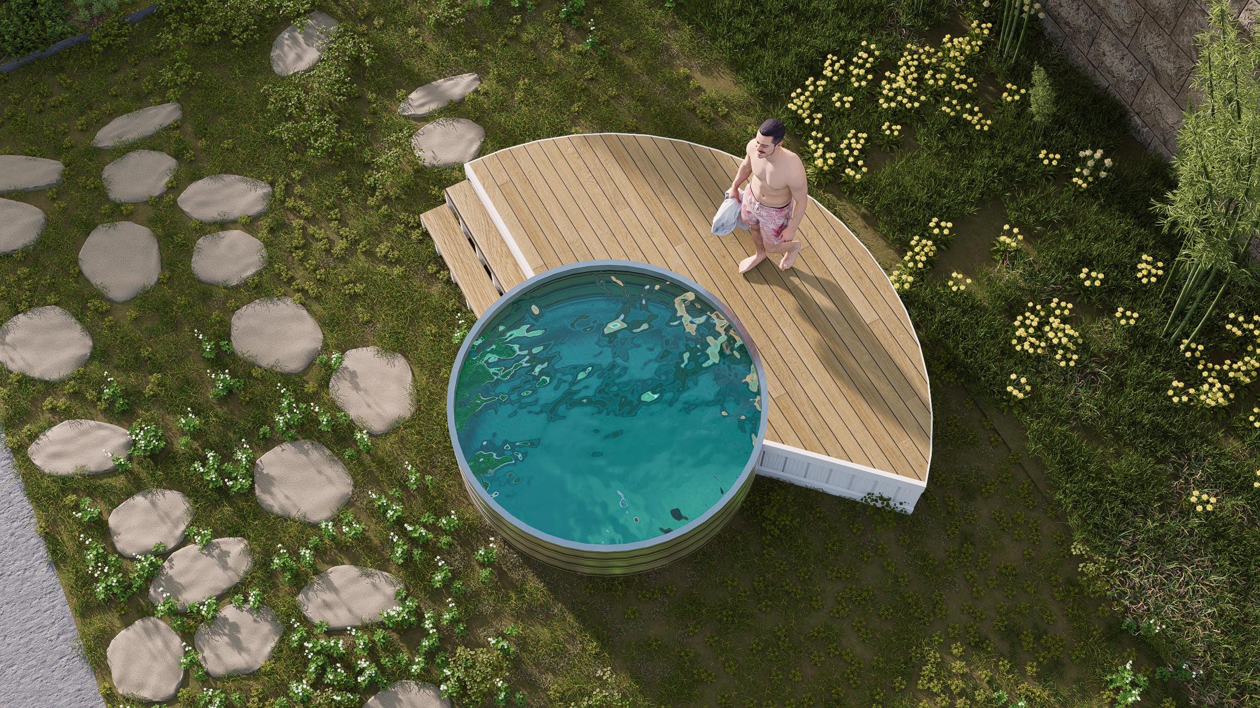 Plano de terraza elevada para disfrutar del verano: plataforma independiente de 1,2 metros para piscinas elevadas.