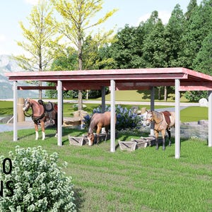 Puede incluir: Un refugio de madera para caballos con techo plano sostenido por postes, con tres caballos ensillados en su interior. El texto BAMBOO DESIGNS Home Plans & Design es visible en la esquina inferior izquierda sobre un césped verde.