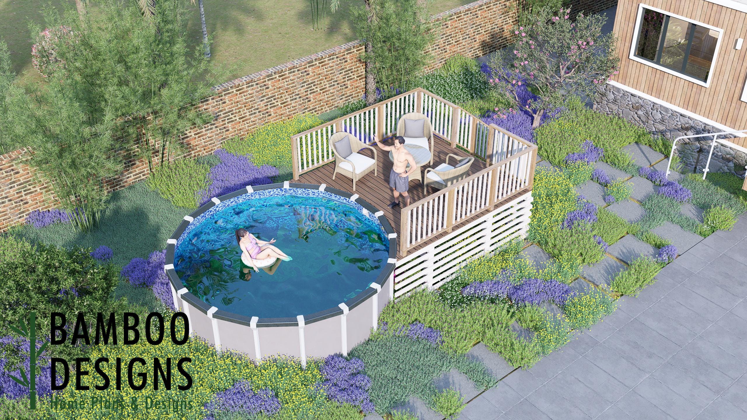 Image of Saffron Circle Pool Deck Plan - 10x12 Above-Ground Pool Deck with Staircase | DIY PDF Plans for 14' Round Pools