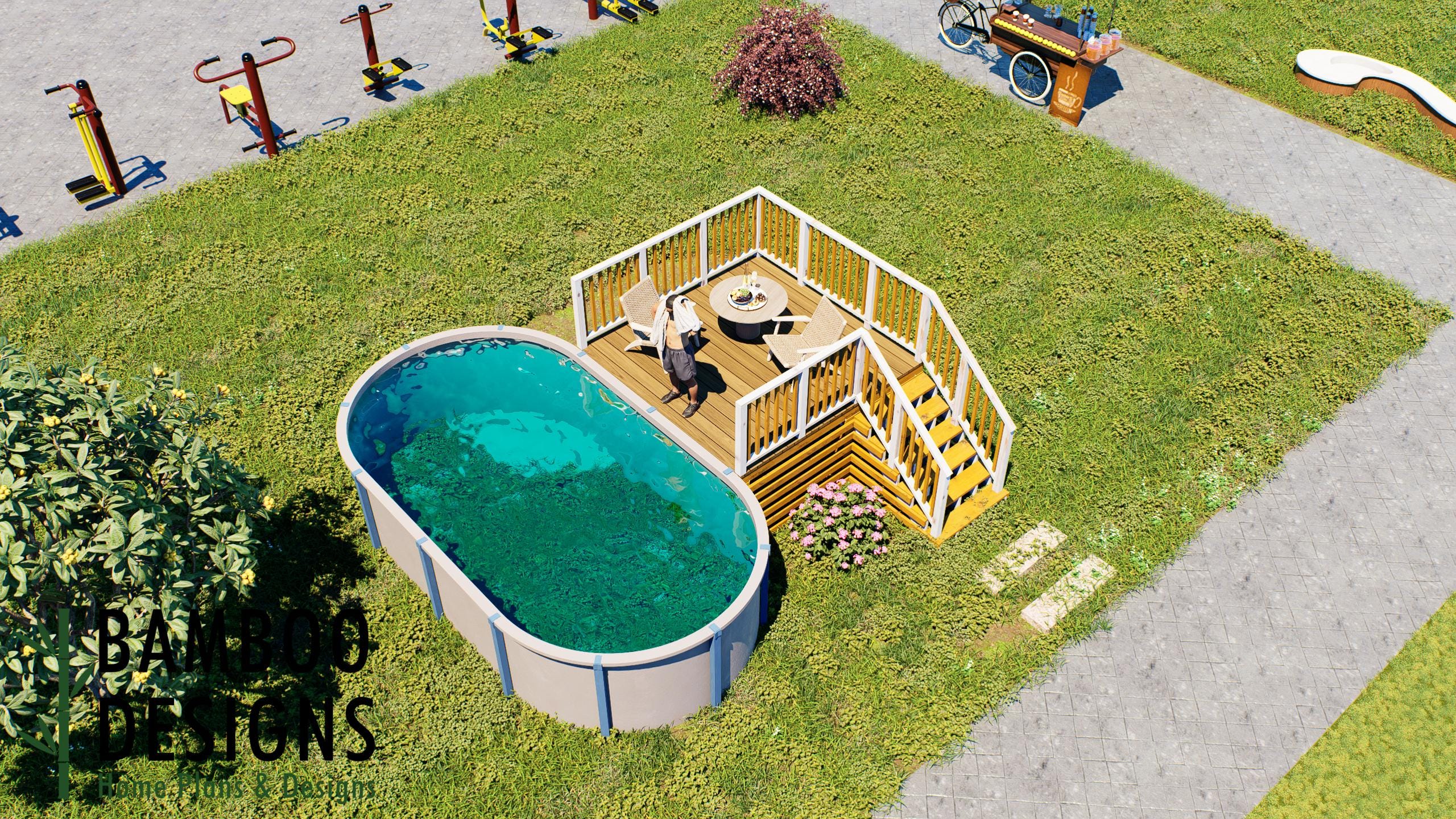 Image of Donat Oval Pool Deck Plan - 10' x 10' Above-Ground Pool Entry Deck with Staircase for 10' x 19' Oval Pools | DIY PDF Plans