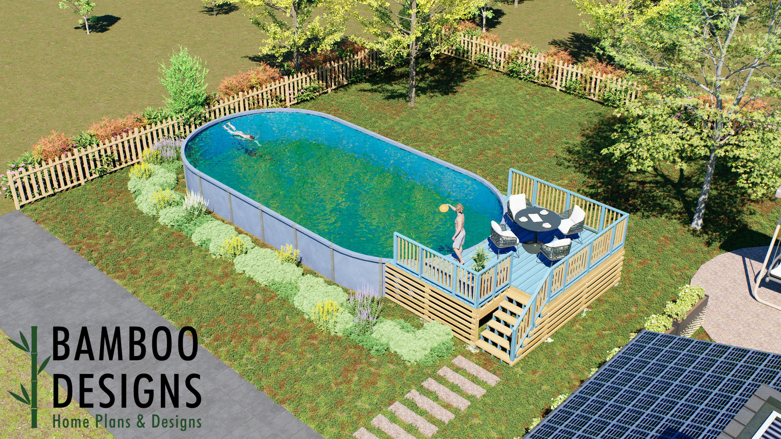 Image of Naomi Oval Pool Deck Plan - 10'x18' Above-Ground Pool Deck with Staircase & Safety Railings | DIY PDF Plans for 21'x43' Oval Pools