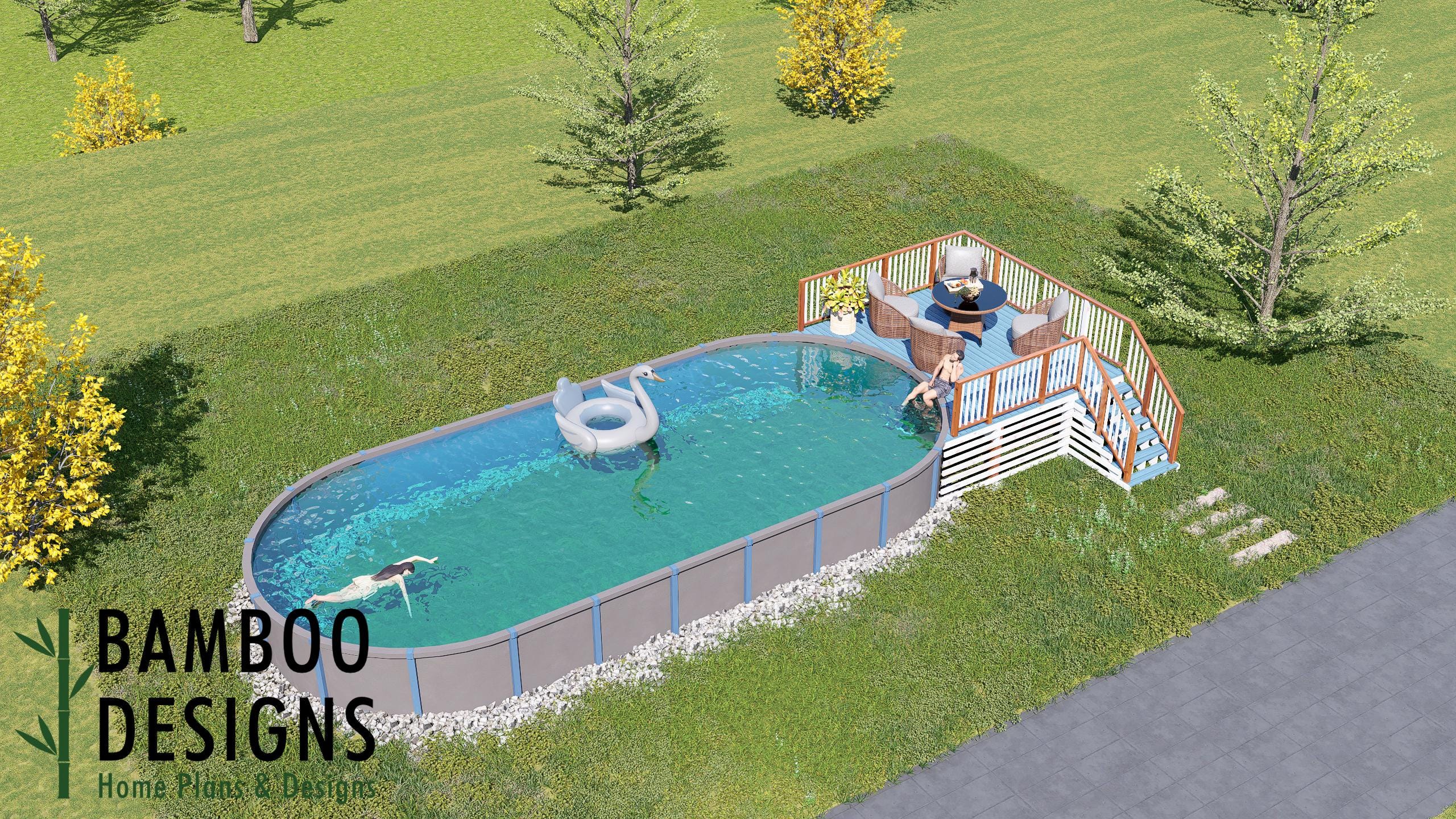 Image of Daven Oval Pool Deck Plan - 10'x15' Above-Ground Pool Entry Deck for 18'x40' Oval Pools with Staircase | DIY PDF Plans