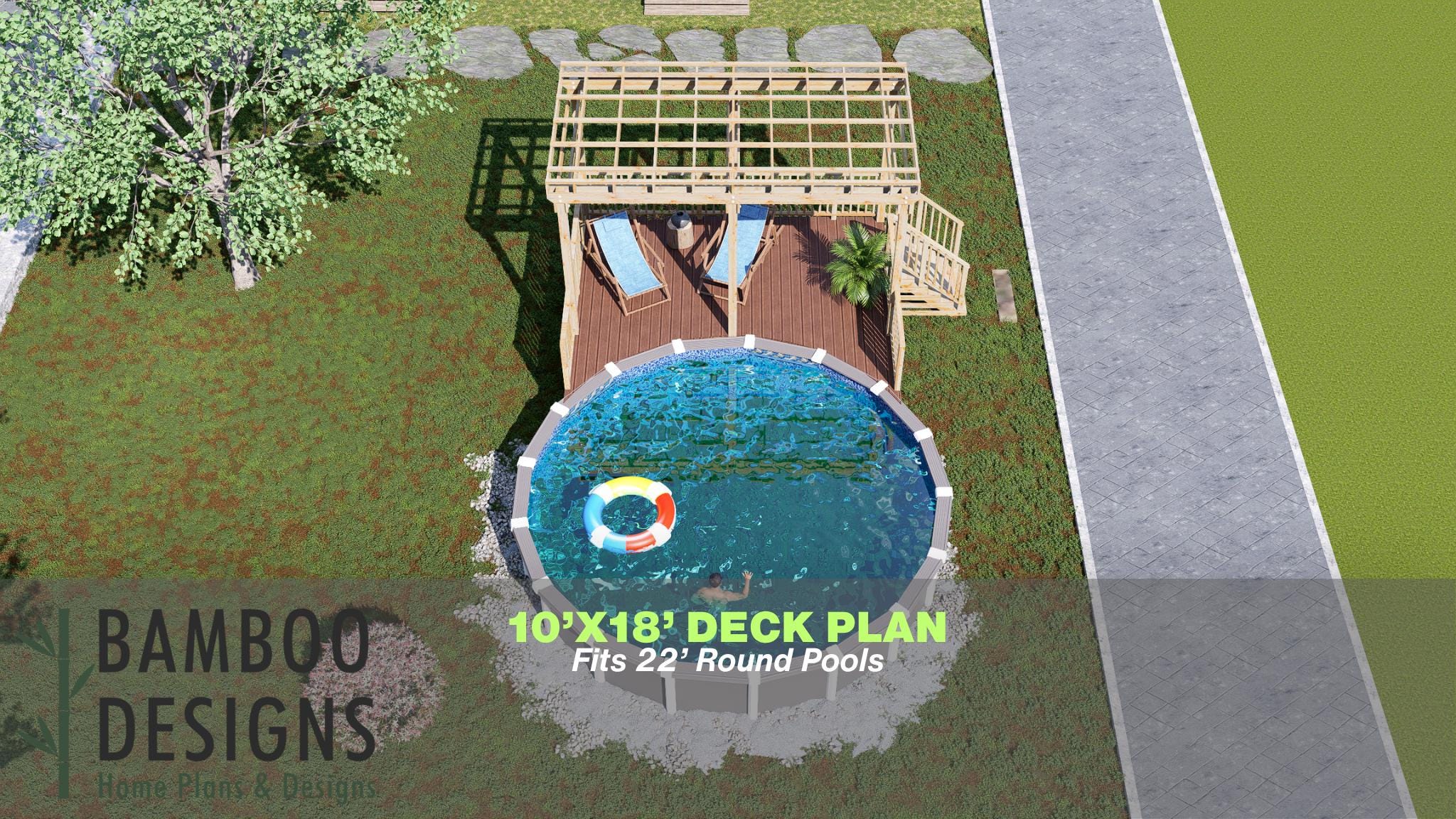 Image of Breena Round Pool Deck Plan - 10x18 Above-Ground Pool Deck with Staircase | DIY PDF Plans