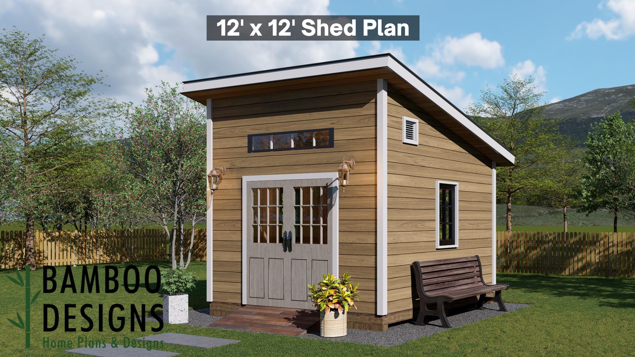 Image of Vulcan 12x12 Sloped Roof Shed Plan - Modern Workshop, Studio, or Backyard Office | DIY Building Plans (PDF)
